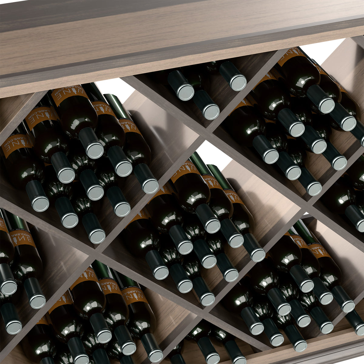 Close-up of wooden wine rack diamond slots holding dark bottles with silver caps