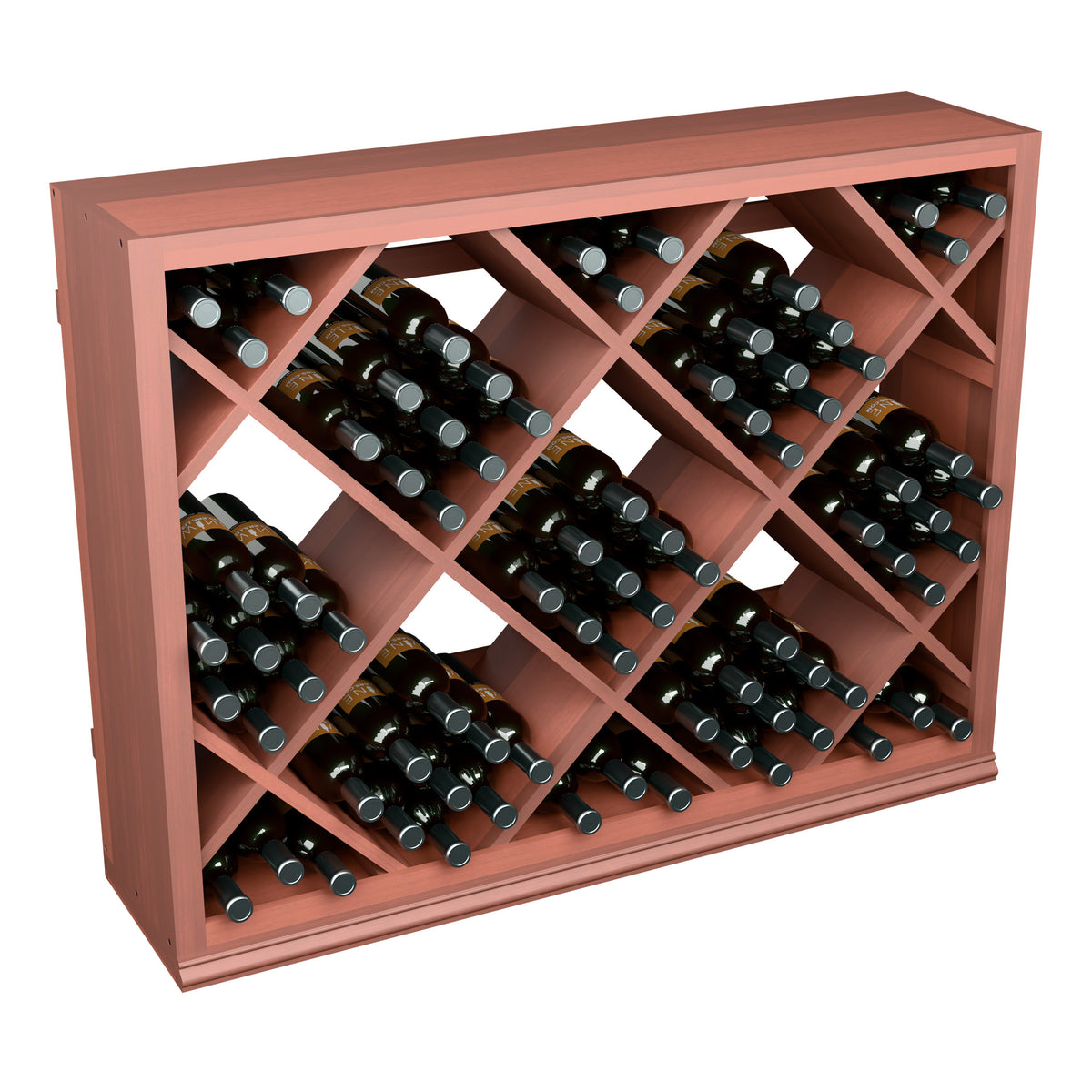 Half-height wooden wine rack with diamond grid, red-stained wood and dark bottles