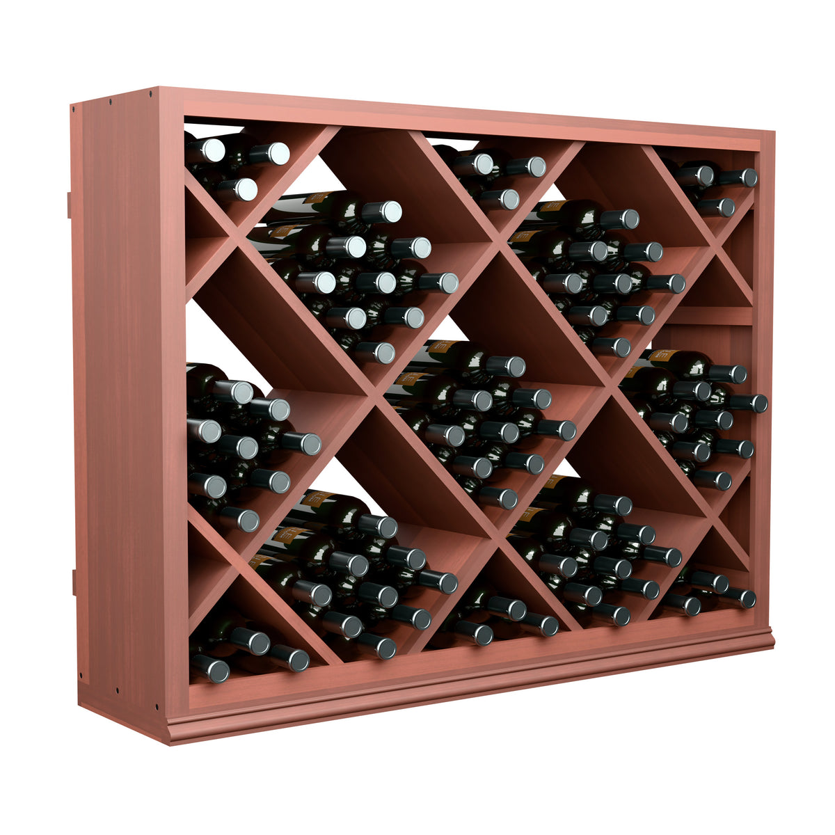 Half-height red wooden wine rack open front with diamond-pattern bottle storage