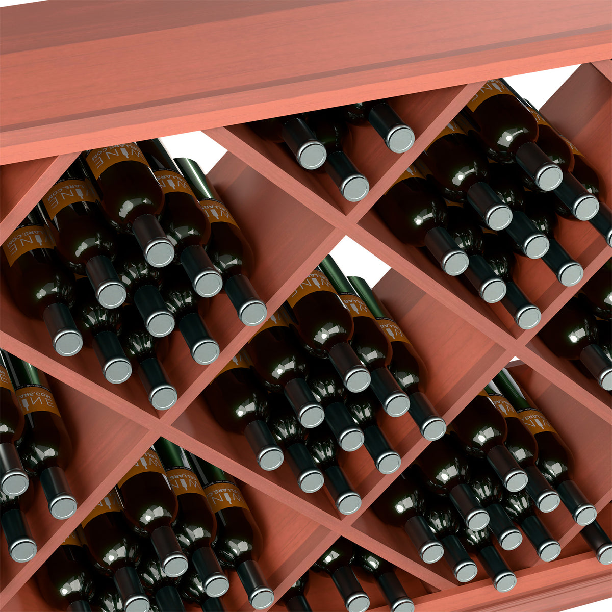 Close-up of red stained wooden wine rack interior with diamond slots and bottles