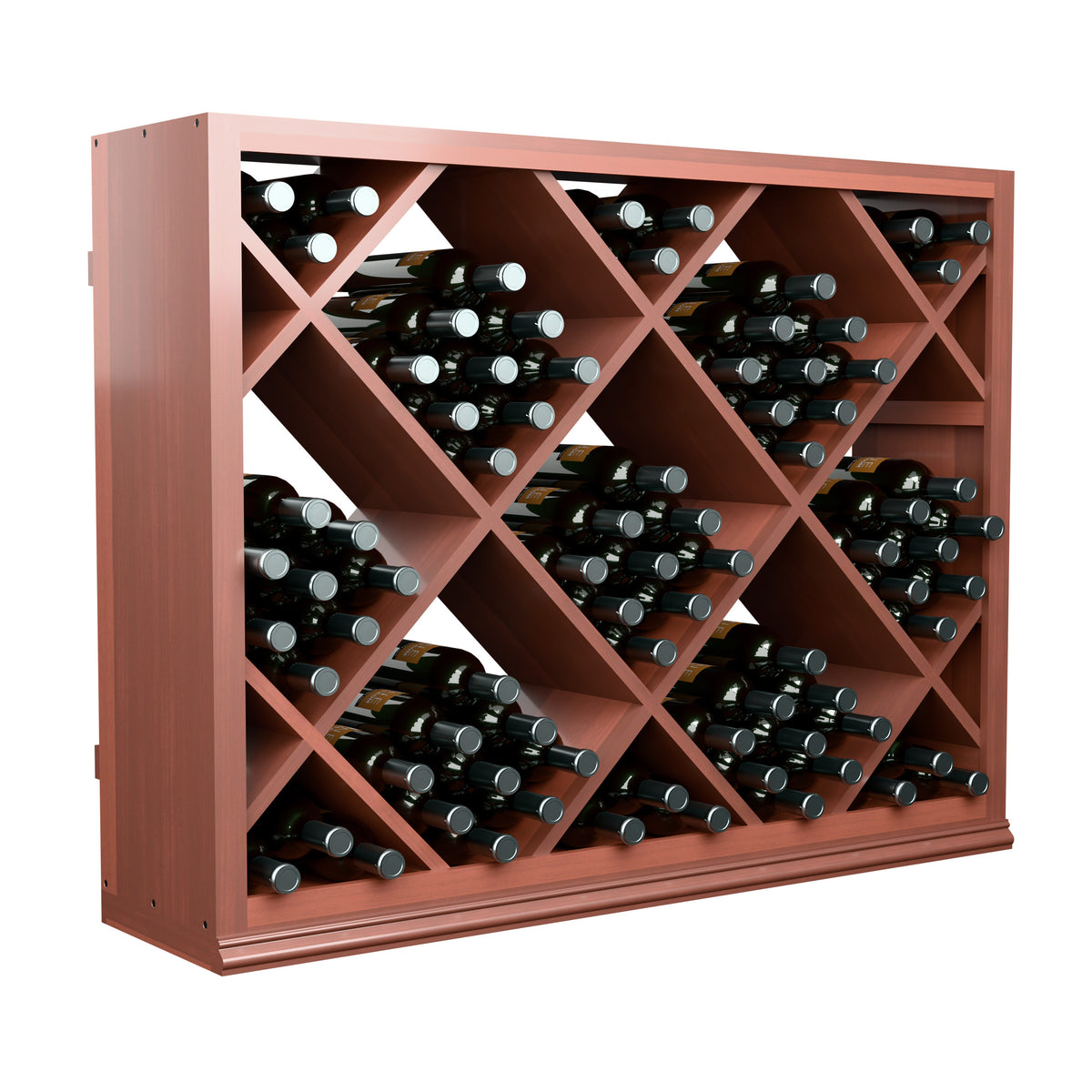 Half-height diamond wine rack with dark bottles in a wooden cubby grid