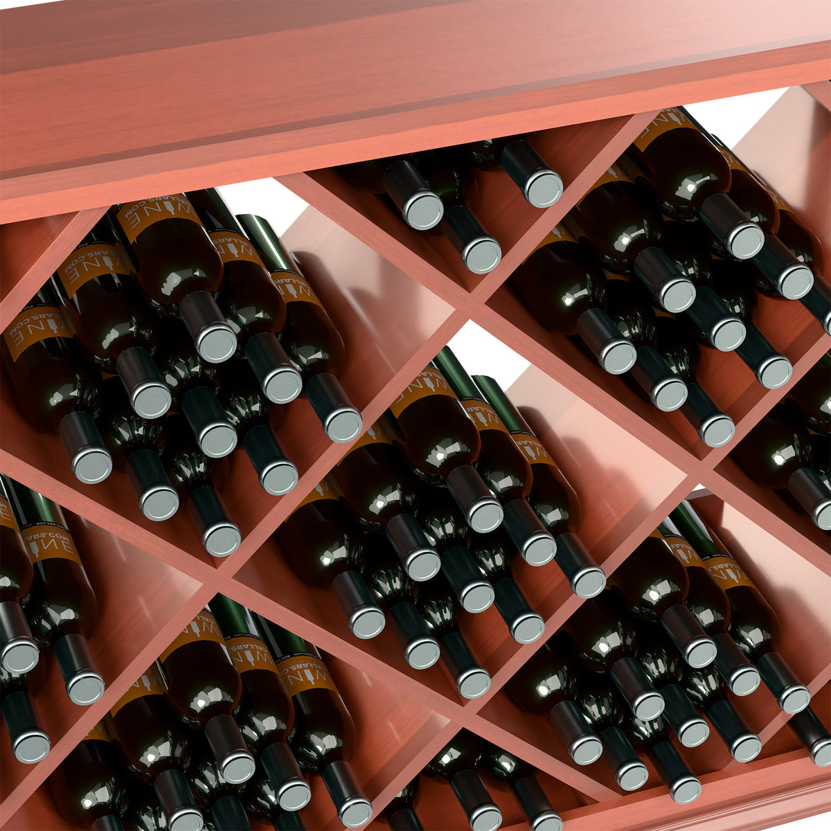 Close-up of diamond wine rack showing bottles in angled wooden compartments