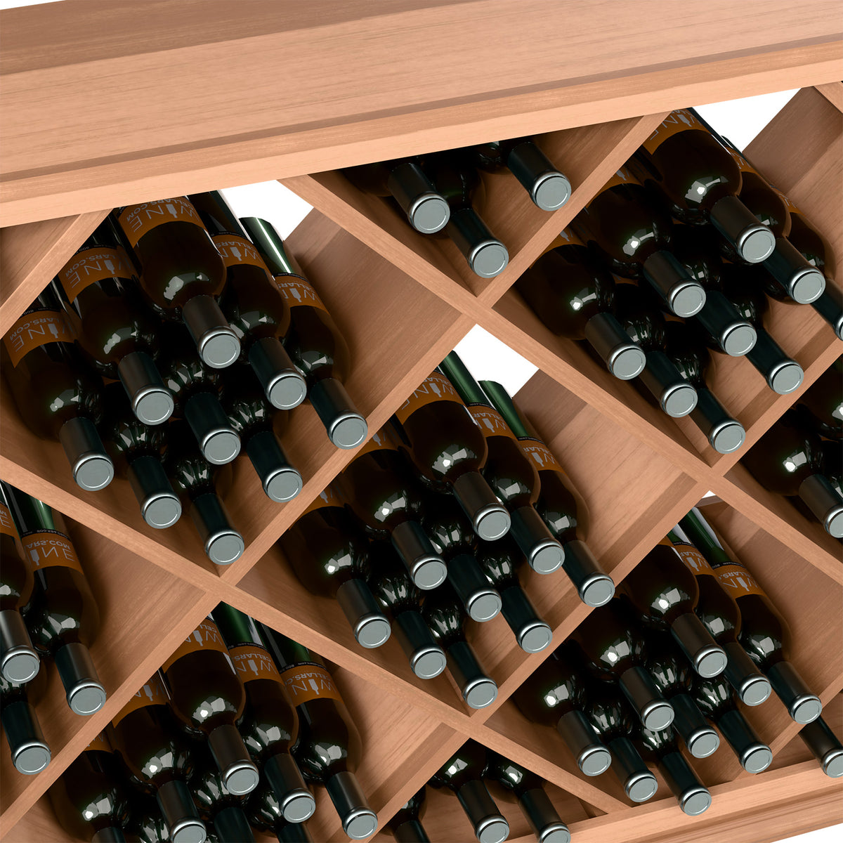 Close-up of wine rack compartments with bottles fitted into diamond lattice slots