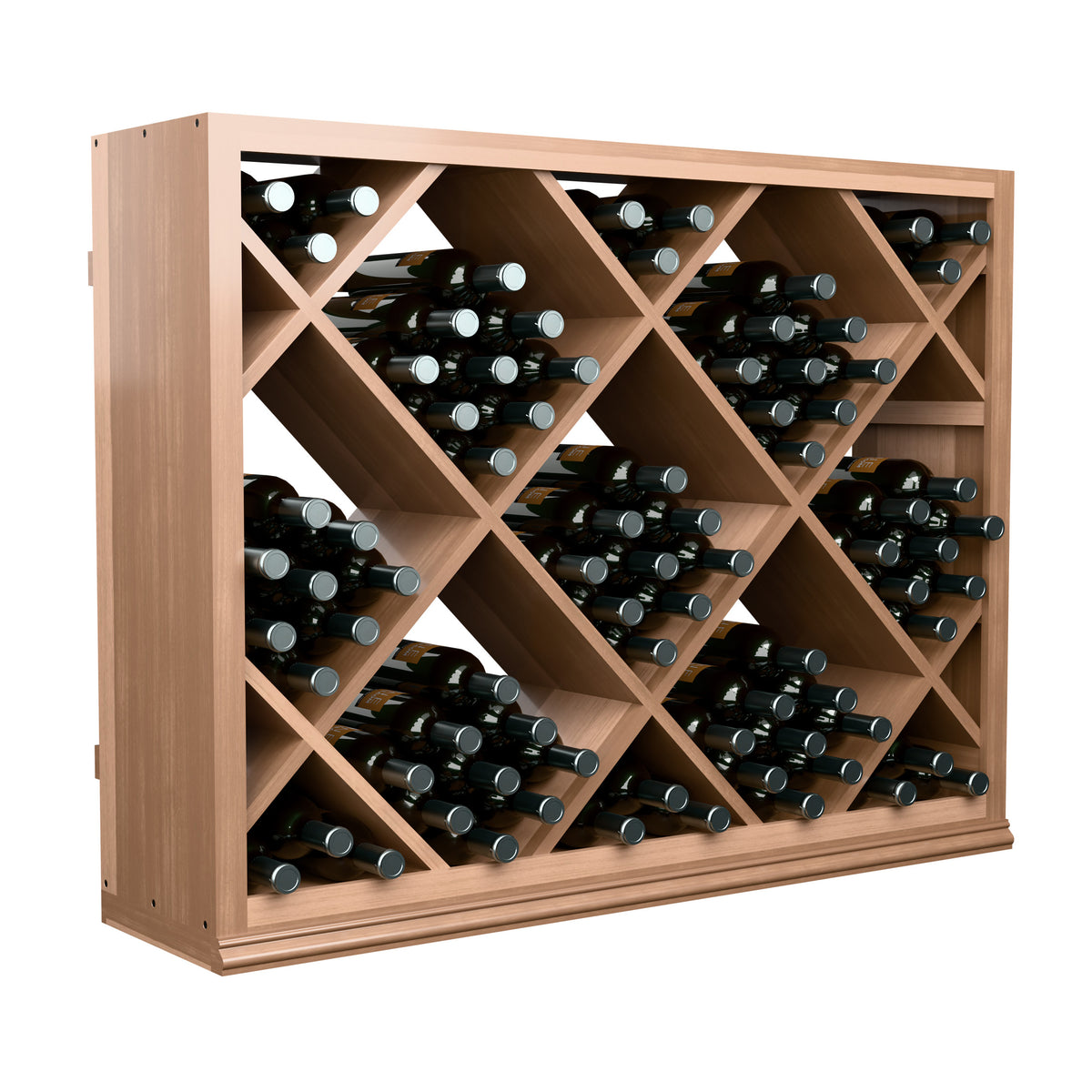 Half-height diamond wine rack with bottles arranged in wooden X-frame openings