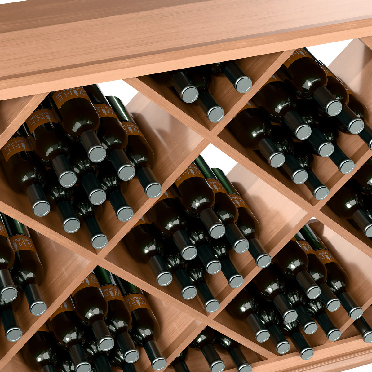 Close-up view of wine rack showing bottles seated in light wood diamond cells