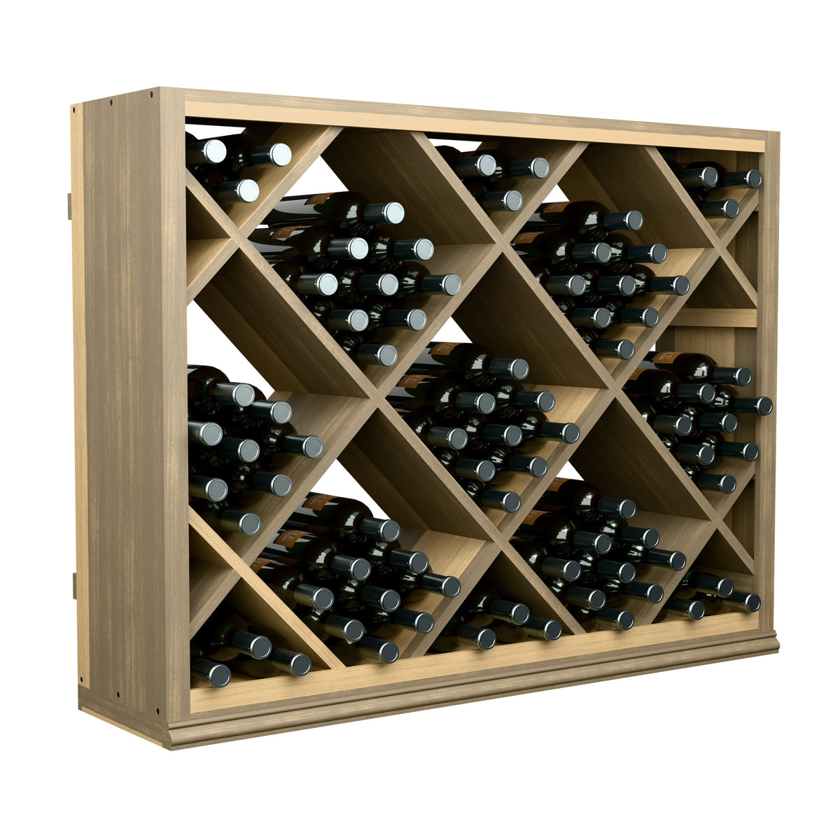 Half-height diamond wine rack with bottles in light wood lattice compartments