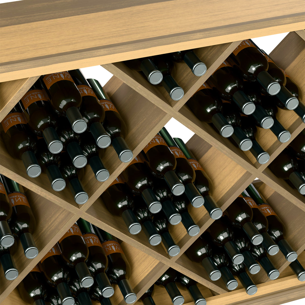 Half-height diamond wine bin in light wood with bottles in angled diamond slots
