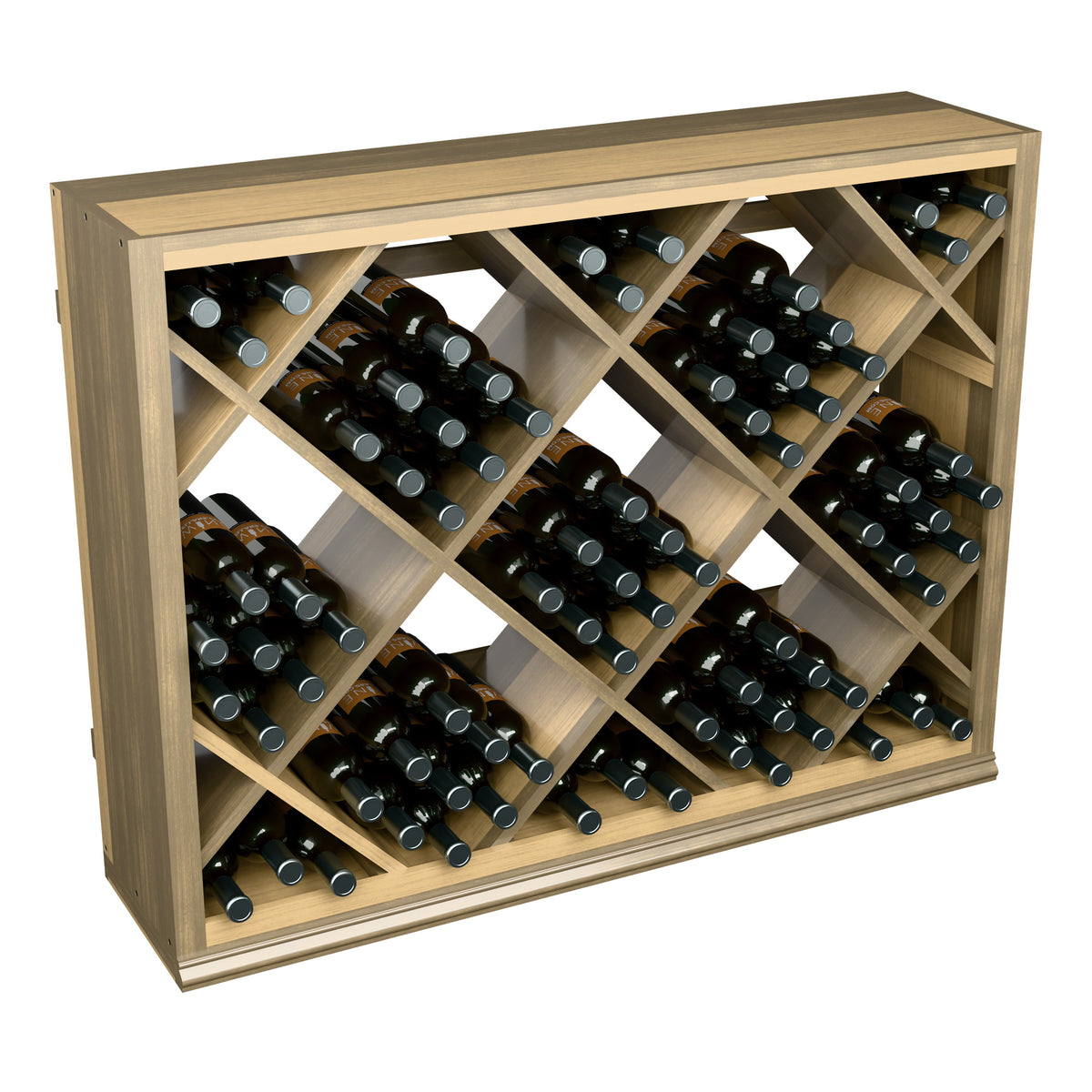 Half-height diamond wine bin, light wood frame with multiple bottles stored in crisscross rows