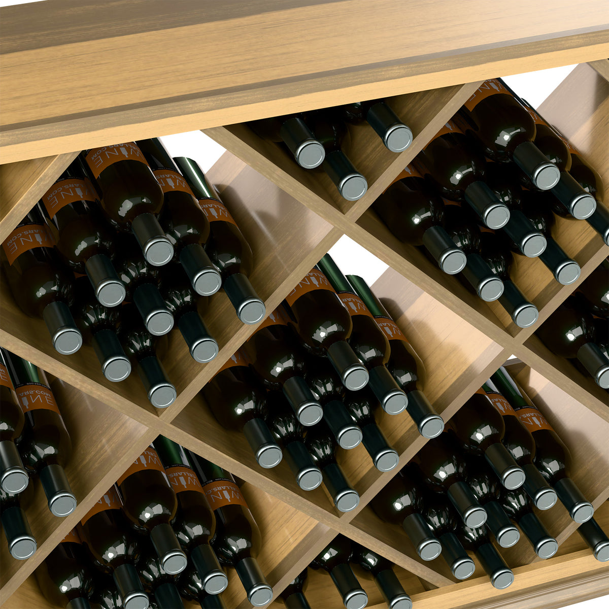 Light wood half-height diamond wine bin showing bottles nestled in diamond lattice slots