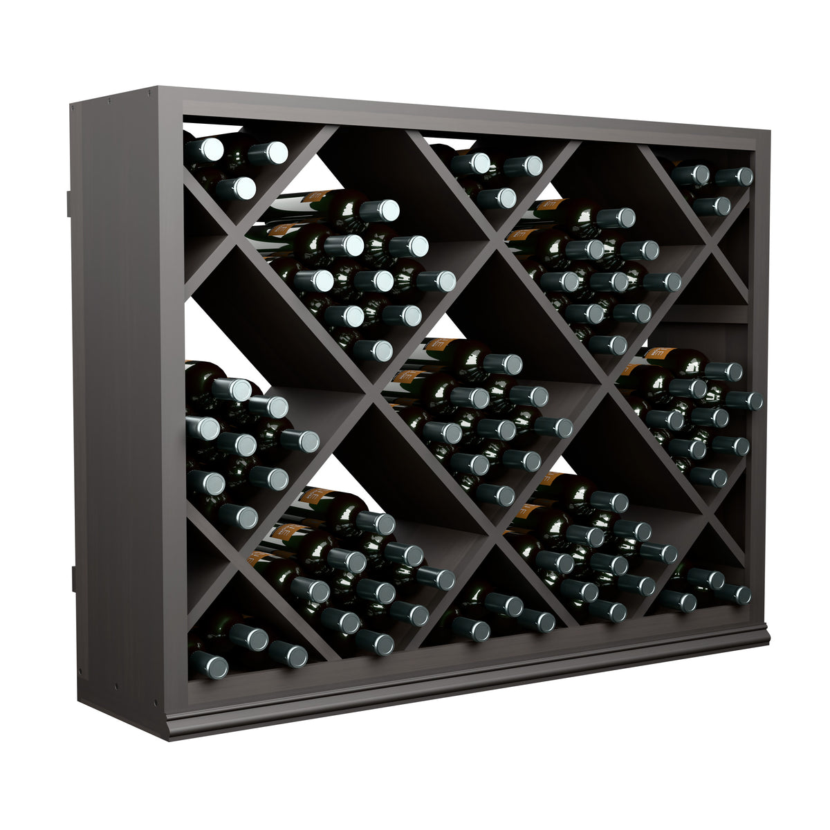 Dark half-height diamond wine bin with wine bottles arranged in angled diamond sections