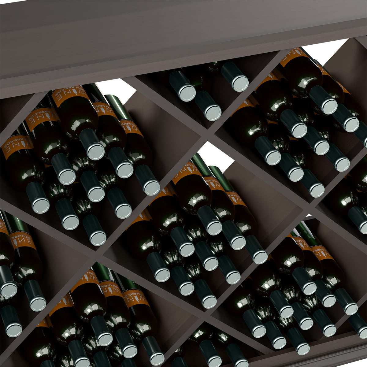 Close view of dark diamond wine bin with wine bottles in silver-neck bottle holes
