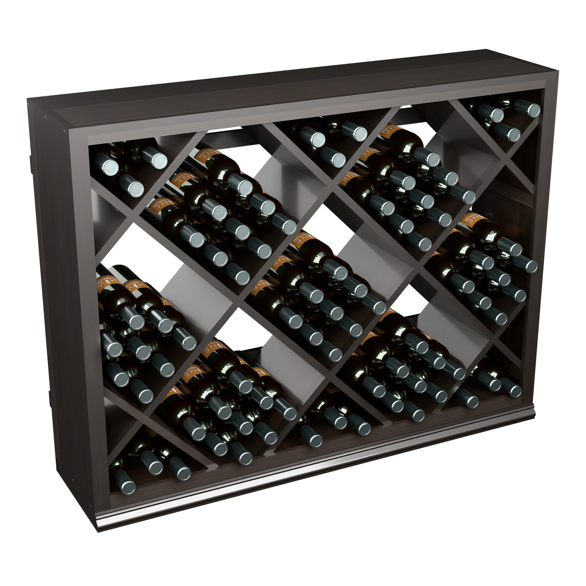 Dark half-height diamond wine bin with bottles stored in diagonal diamond rack openings