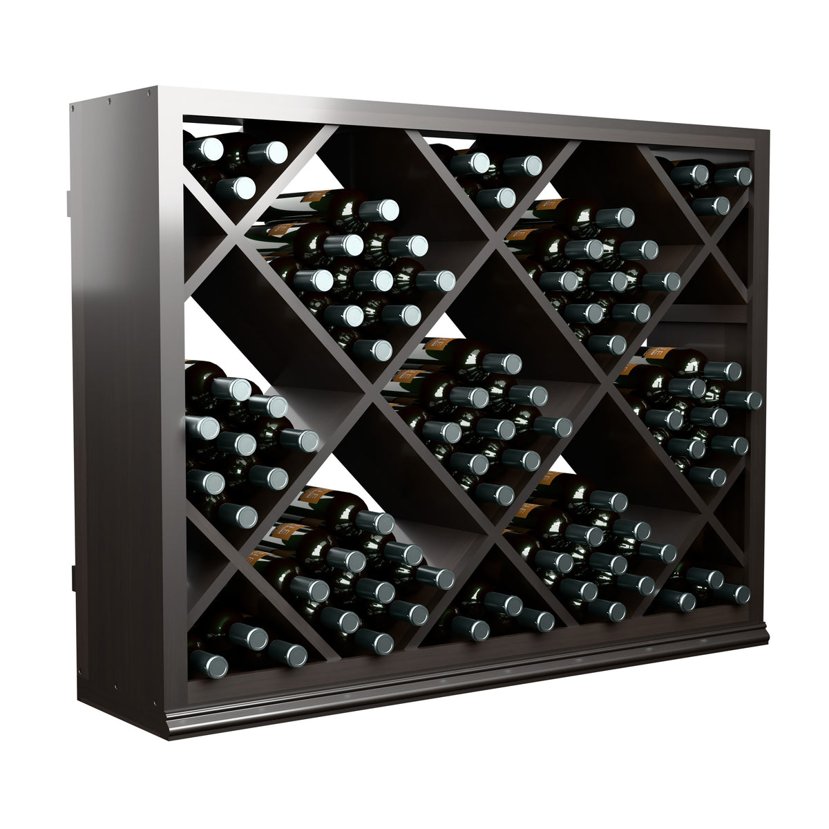Dark half-height diamond wine bin with bottles in organized diamond lattice rows