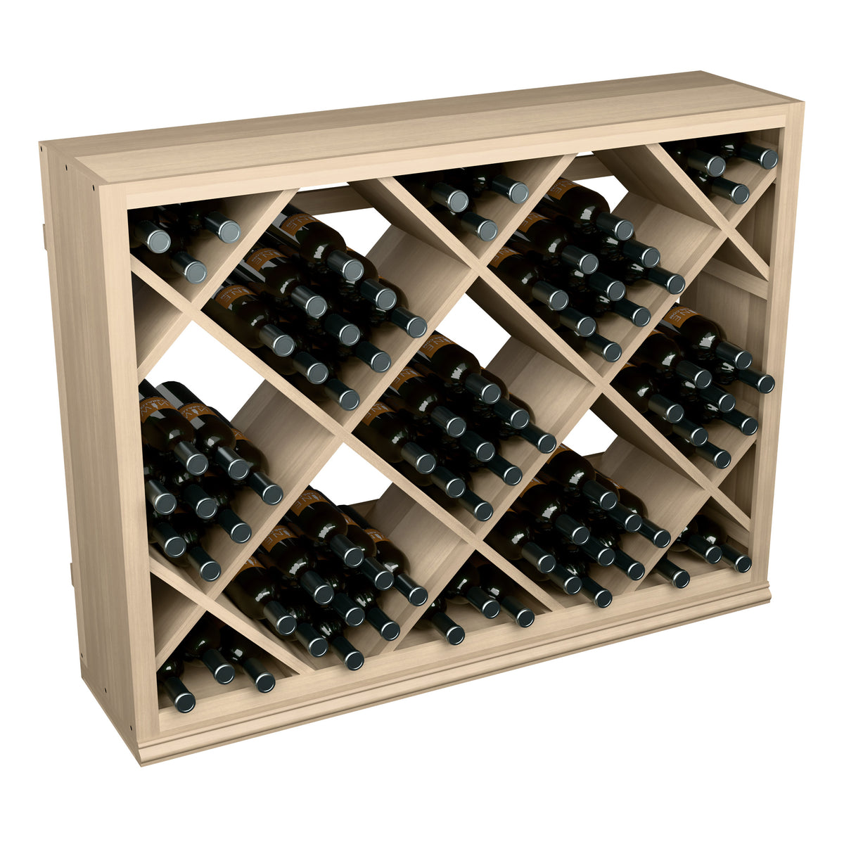 Half-height diamond wine rack with open cubbies, holding black wine bottles in light wood