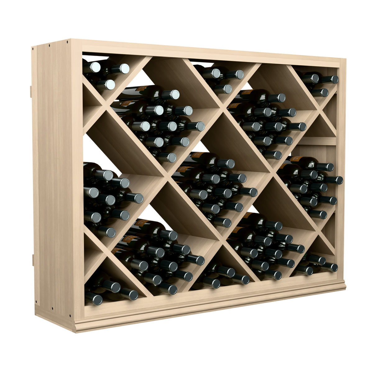 Half-height diamond wine rack with bottle slots, open design with black bottles, light wood