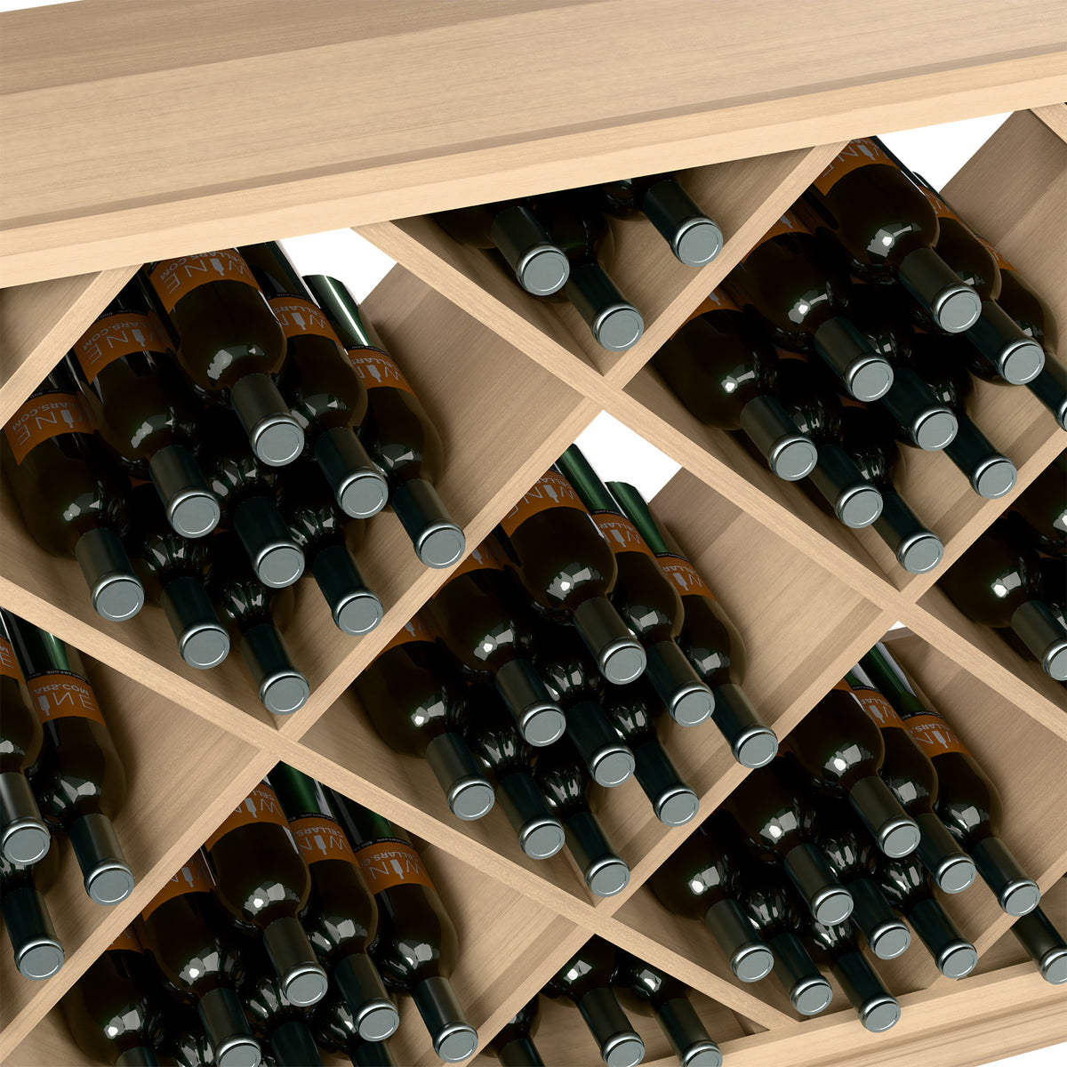 Half-height diamond wine rack close-up showing bottle slots and black bottles, light wood