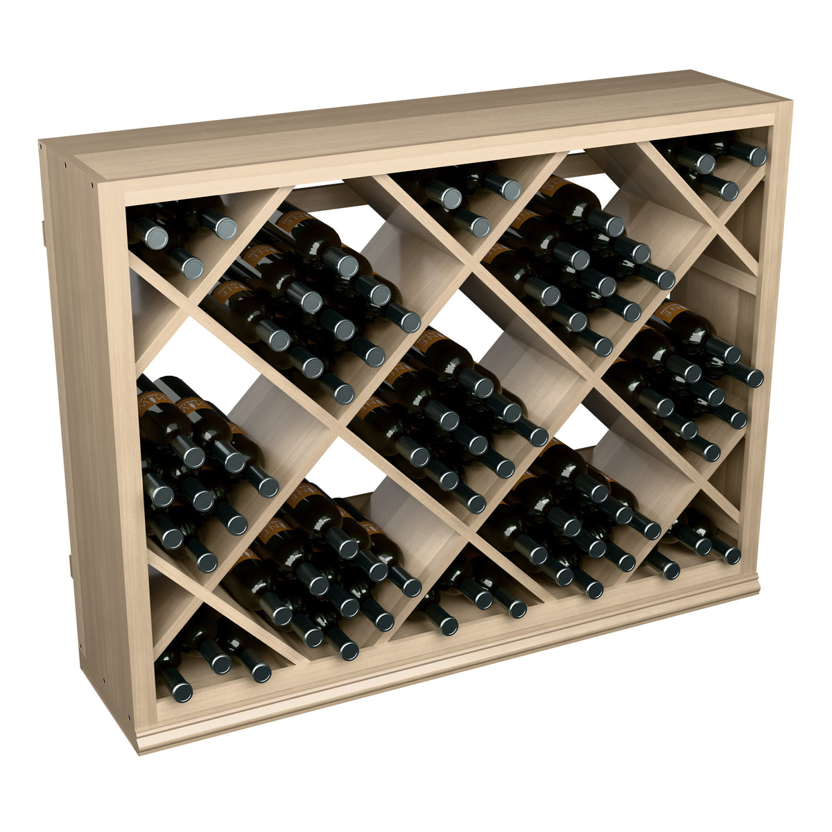 Half-height diamond wine rack with open cubbies and bottle slots, holding black bottles, light wood