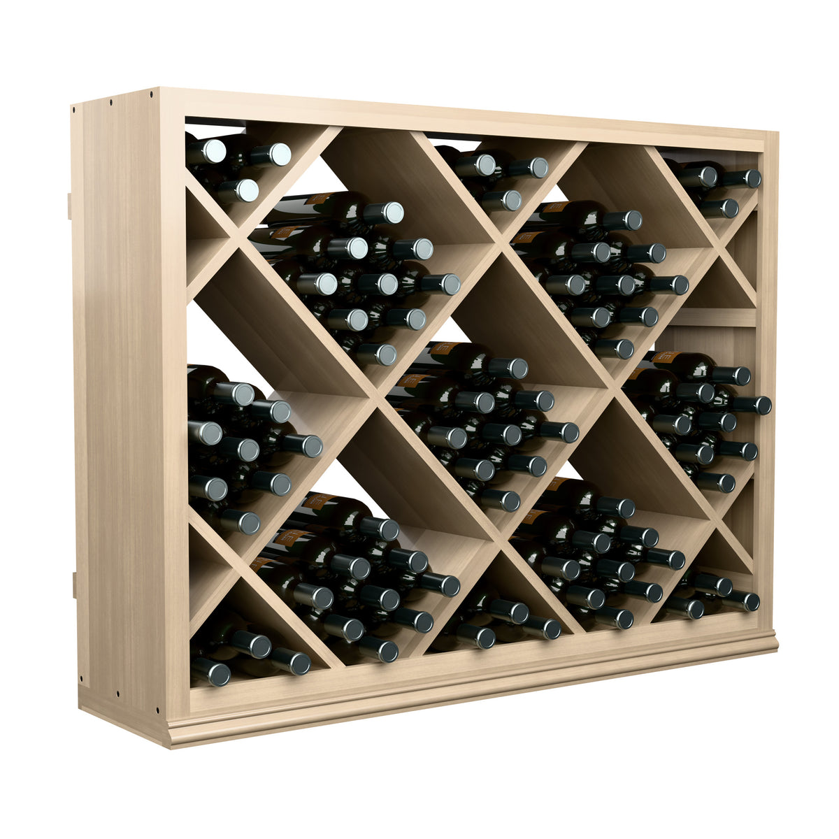 Half-height diamond wine rack with crisscross compartments, holding black wine bottles, light wood