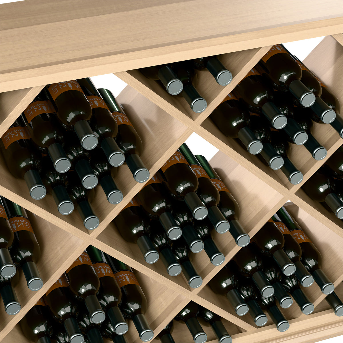 Half-height diamond wine rack close-up with bottle openings and black bottles, light wood