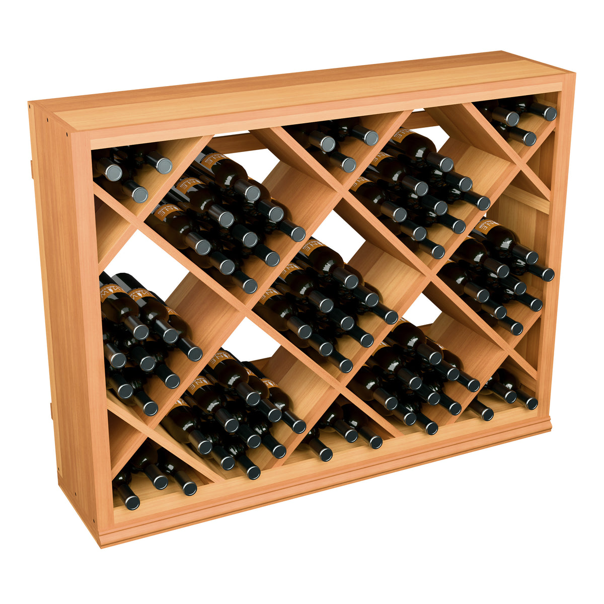 Half-height diamond wine rack with open cubbies, holding black wine bottles in warm wood