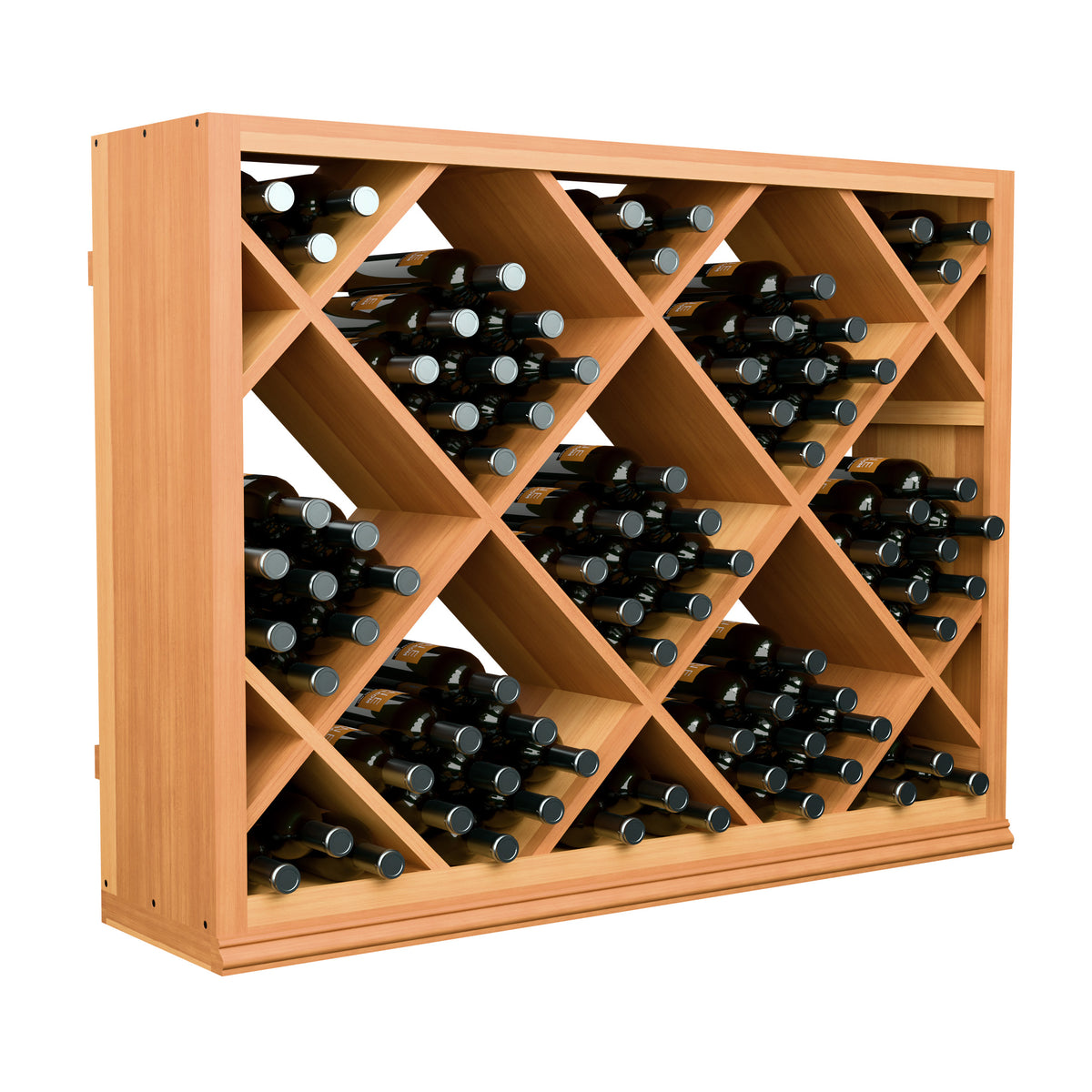 Half-height diamond wine rack with bottle slots and crisscross dividers, warm wood finish