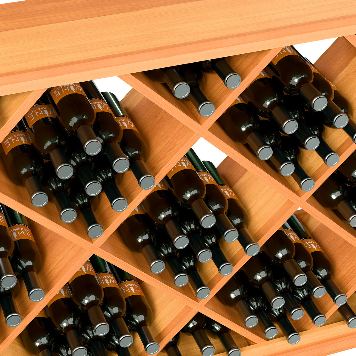 Half-height diamond wine rack close-up showing bottle slots with black bottles, warm wood