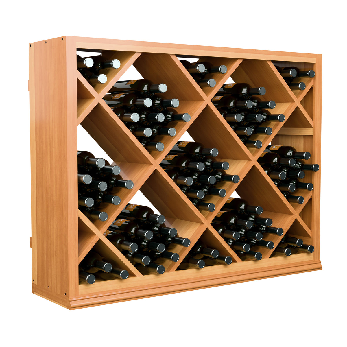 Half-height wine bottle rack with diamond lattice, light wood and rows of bottles
