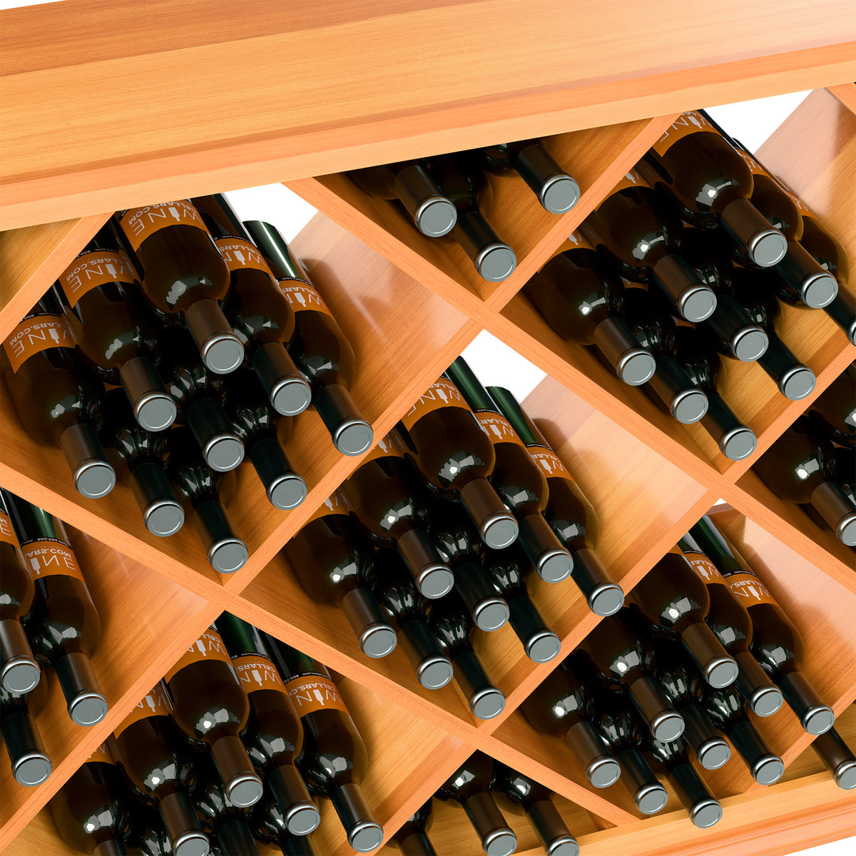 Wine bottle rack close-up with diamond wood compartments and bottles