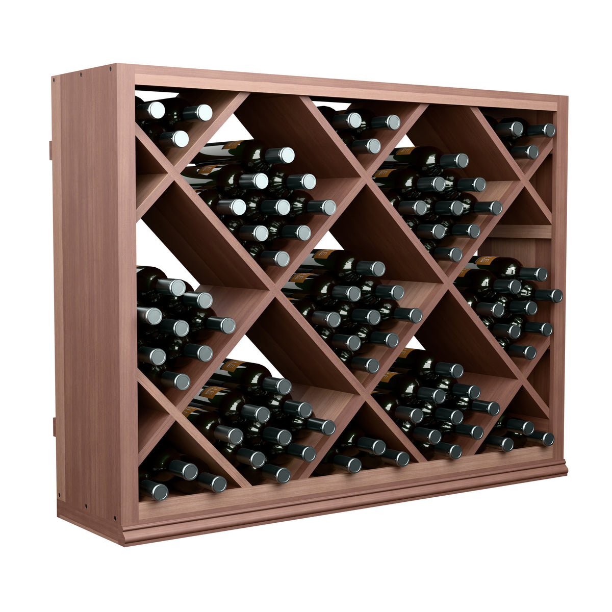 Half-height wine bottle rack with diamond lattice, dark wood and bottles inside