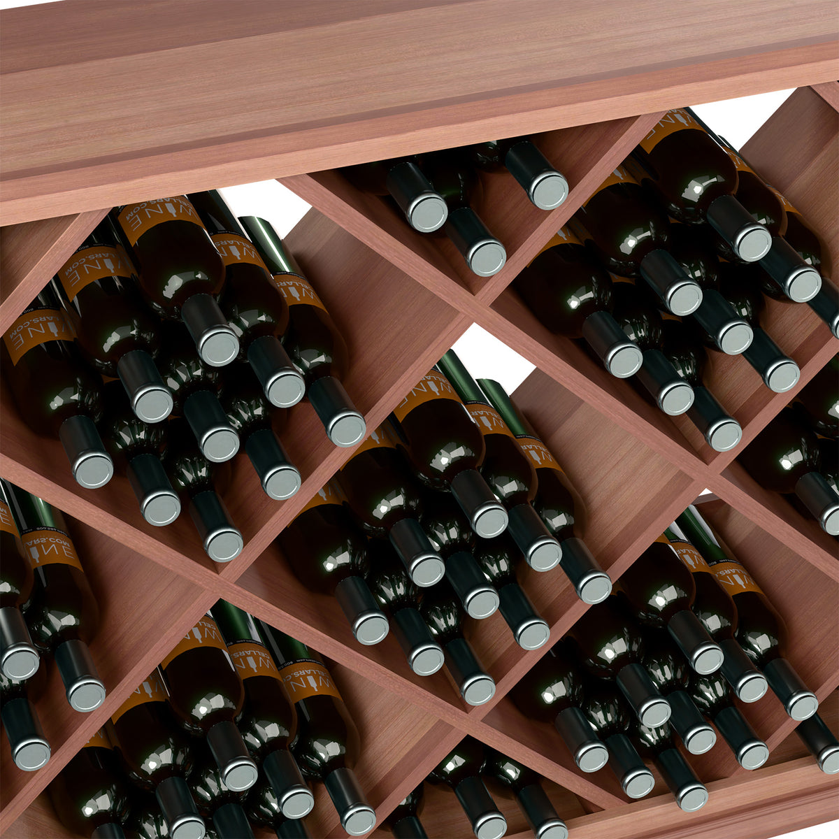 Close-up of diamond lattice wine rack compartments with bottles, light wood