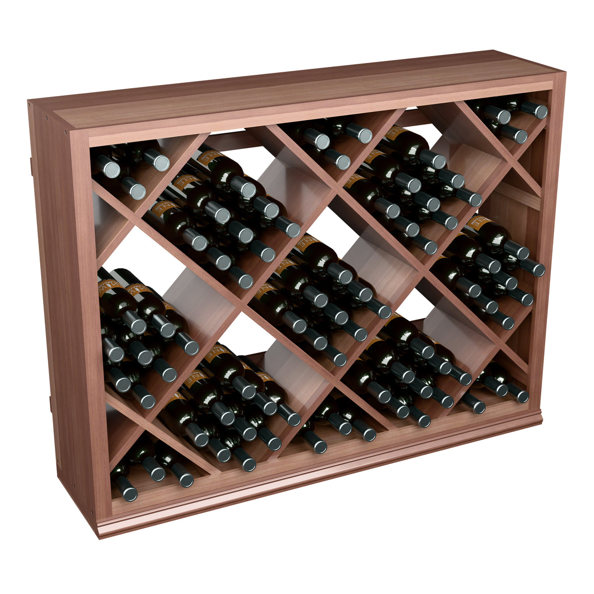Half-height wine rack with diamond lattice, dark wood and multiple bottles stored
