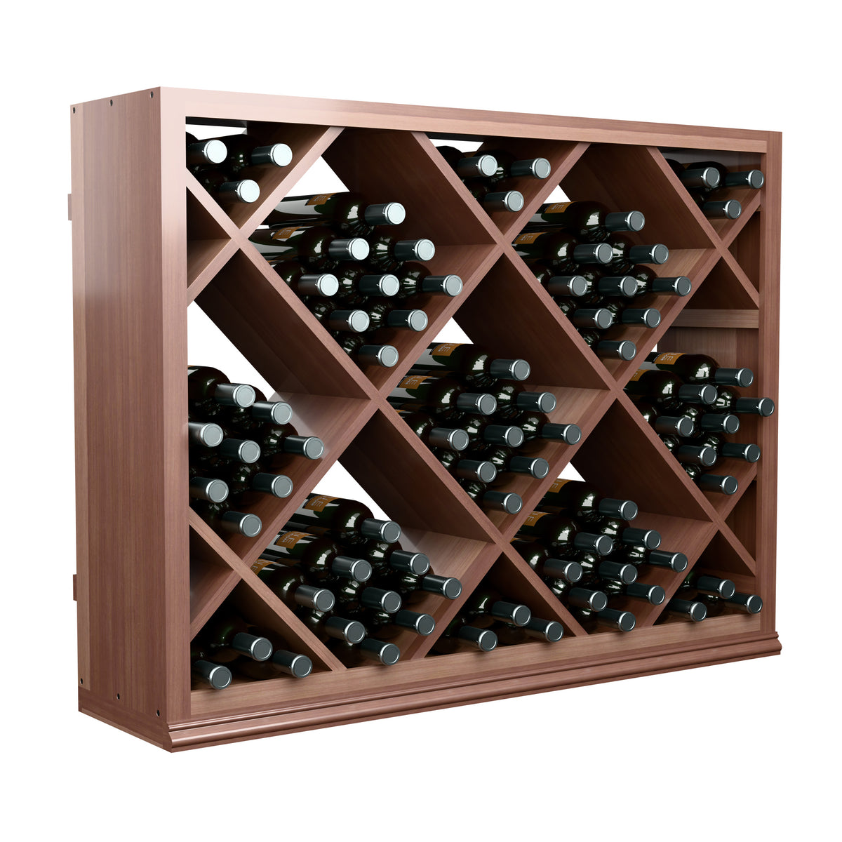 Half-height wine bottle rack with diamond lattice, dark wood and rows of bottles