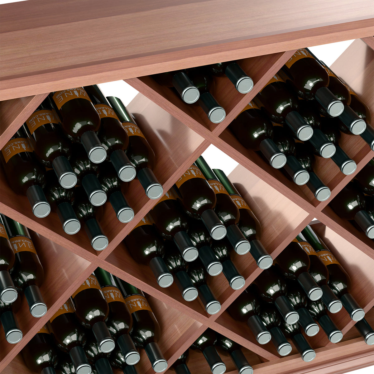 Close-up of diamond wood wine rack compartments with bottles, dark wood