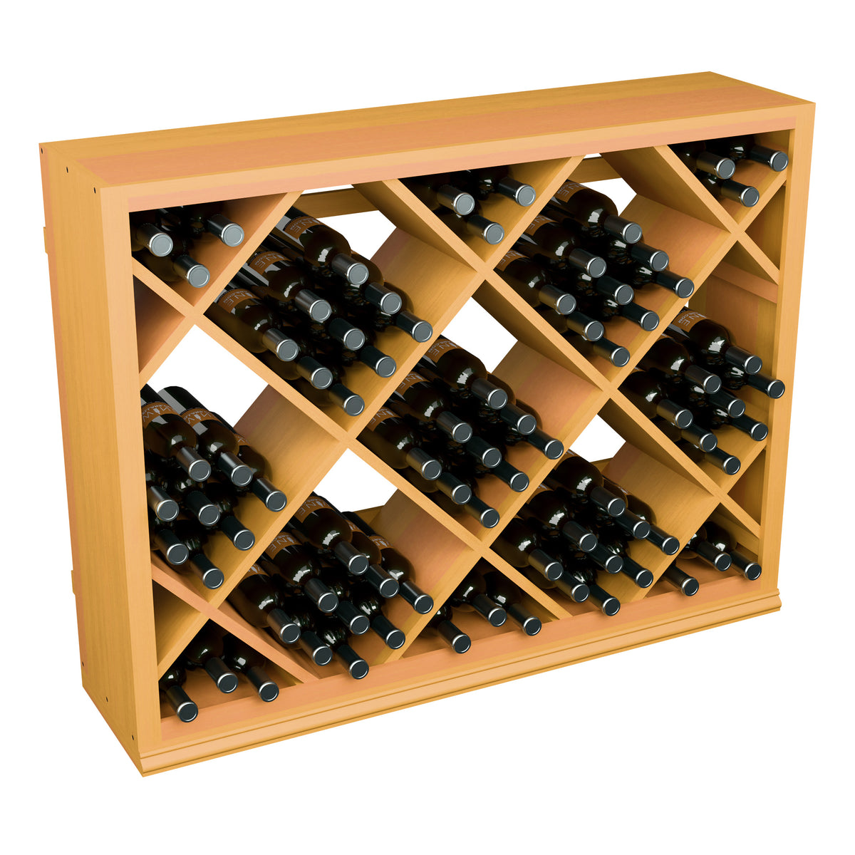Half-height wine bottle rack with diamond lattice, light wood and bottle storage rows
