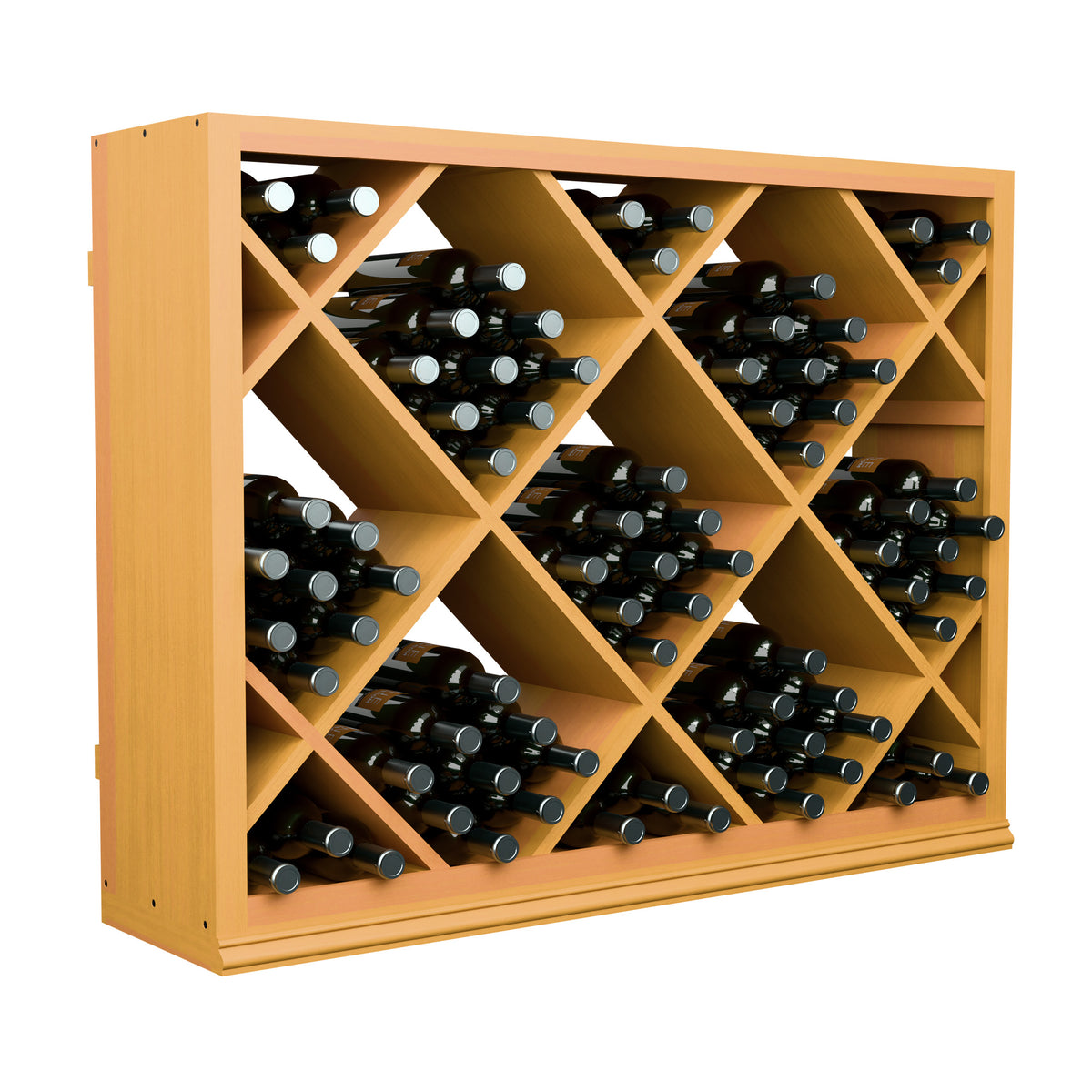 Light wood half-height wine bottle rack with diamond lattice and stored bottles