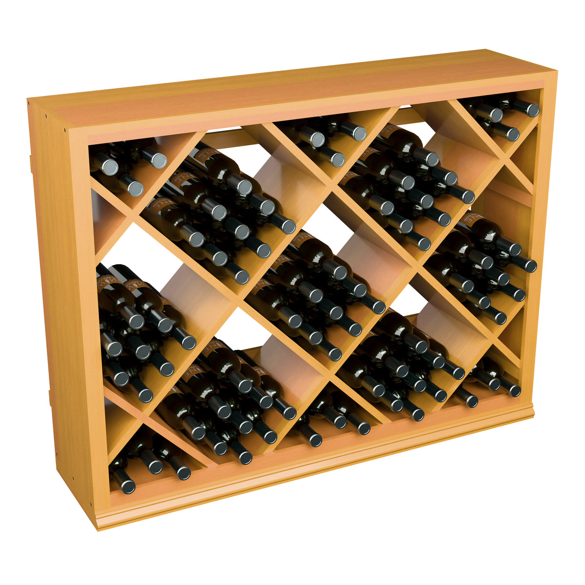 Half-height diamond wine rack displaying dark wine bottles in angled wooden cubbies