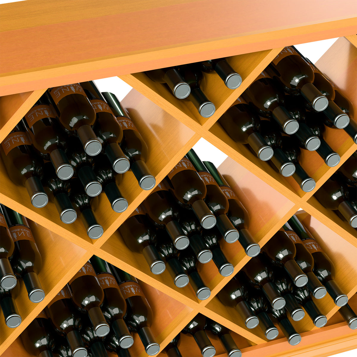 Half-height diamond wine rack close-up with dark bottles and gray bottle-ring caps