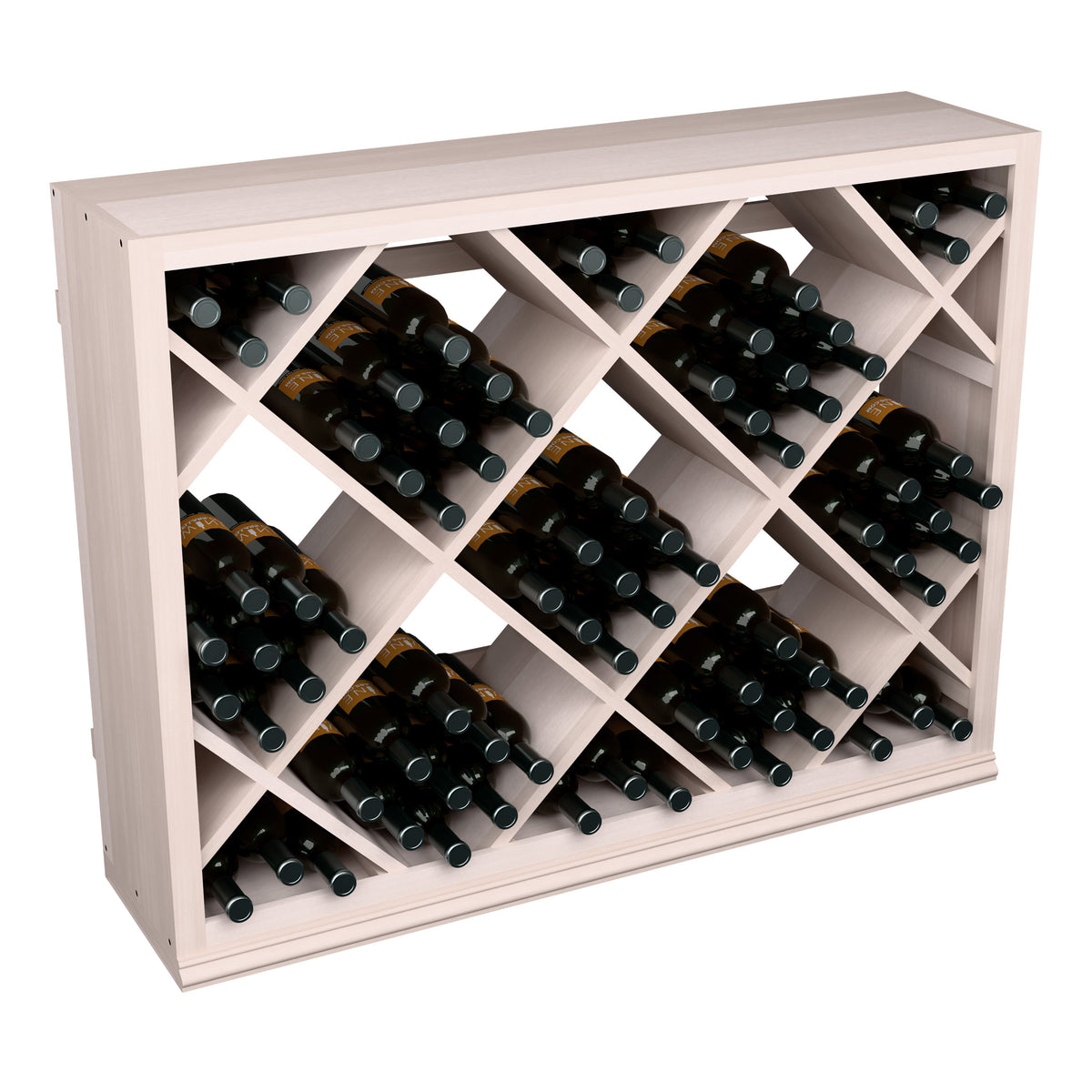 Half-height diamond wine rack in light wood, filled with dark wine bottles