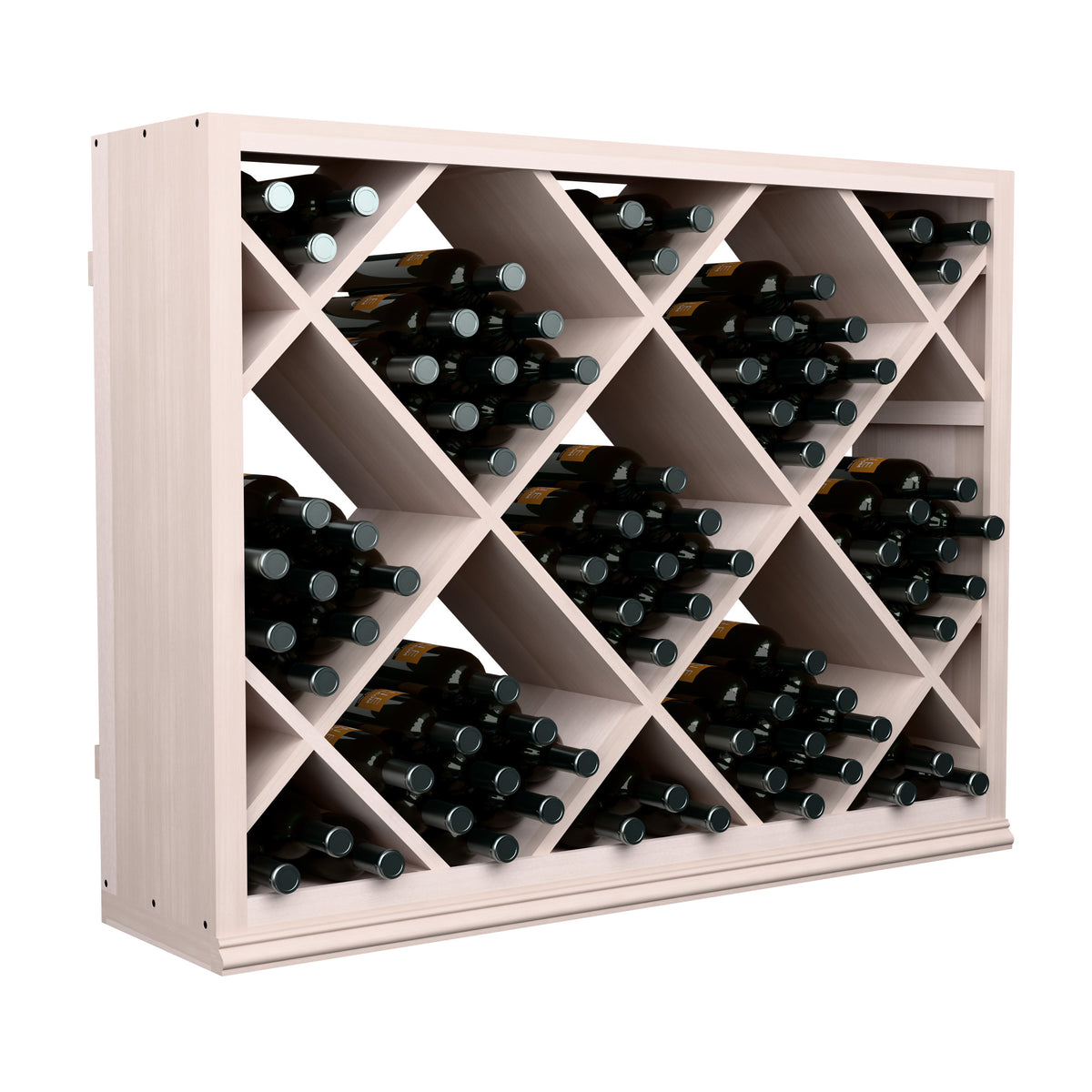 Half-height diamond wine rack light wood with organized dark wine bottle rows