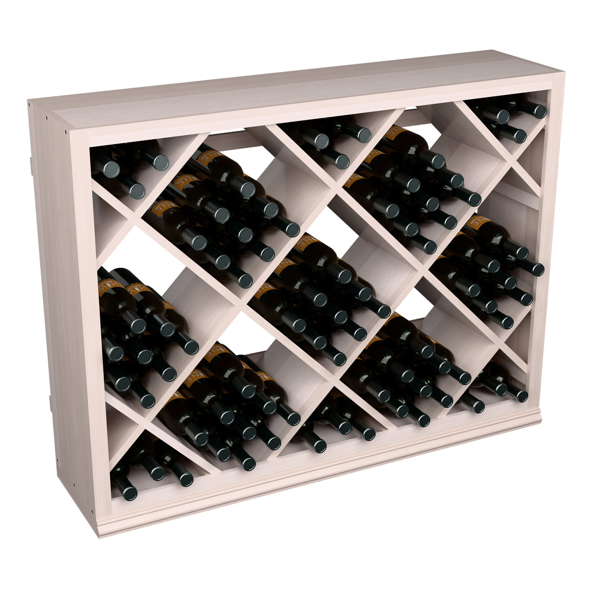 Half-height diamond wine rack light wood front view with dark wine bottles stored
