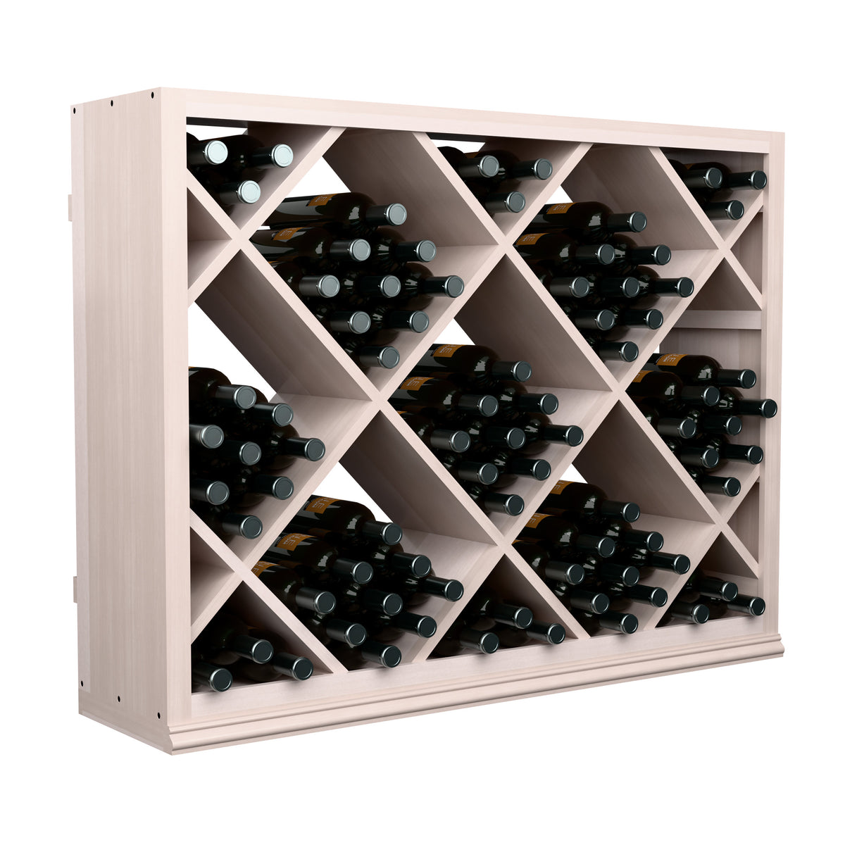 Half-height diamond wine rack light wood with angled slots for dark wine bottles