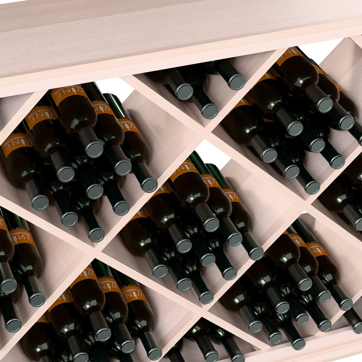 Half-height diamond wine rack close-up of dark wine bottles in light wood slots