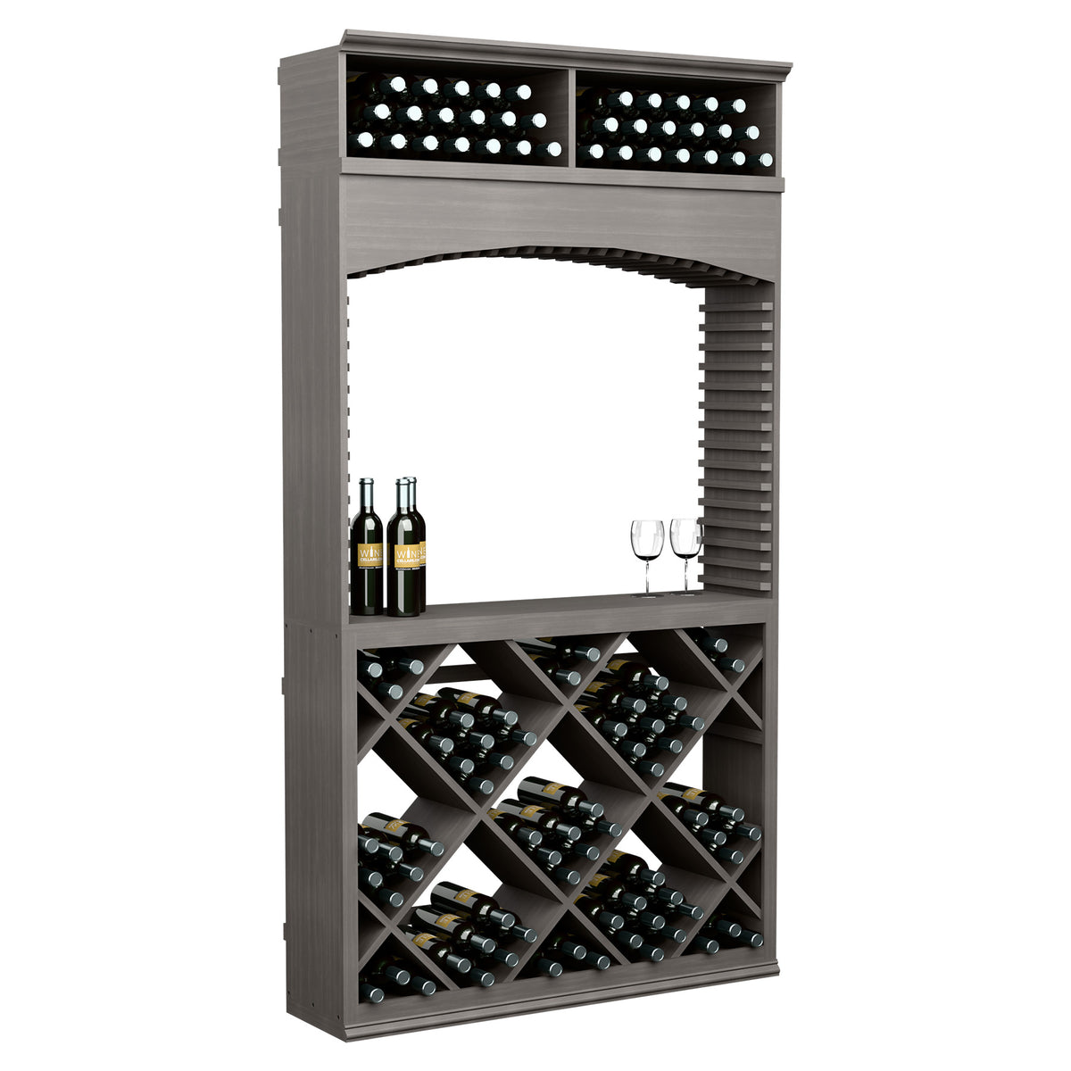 Grey wine tasting station with archway, bottle and glass holder, lit top display