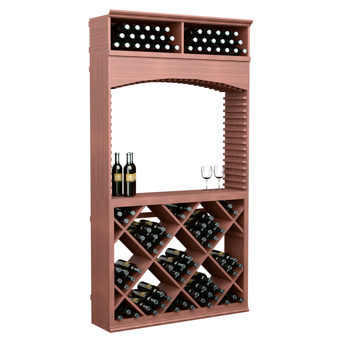 Brown wine tasting station with archway, bottle and glass holder, lit top display