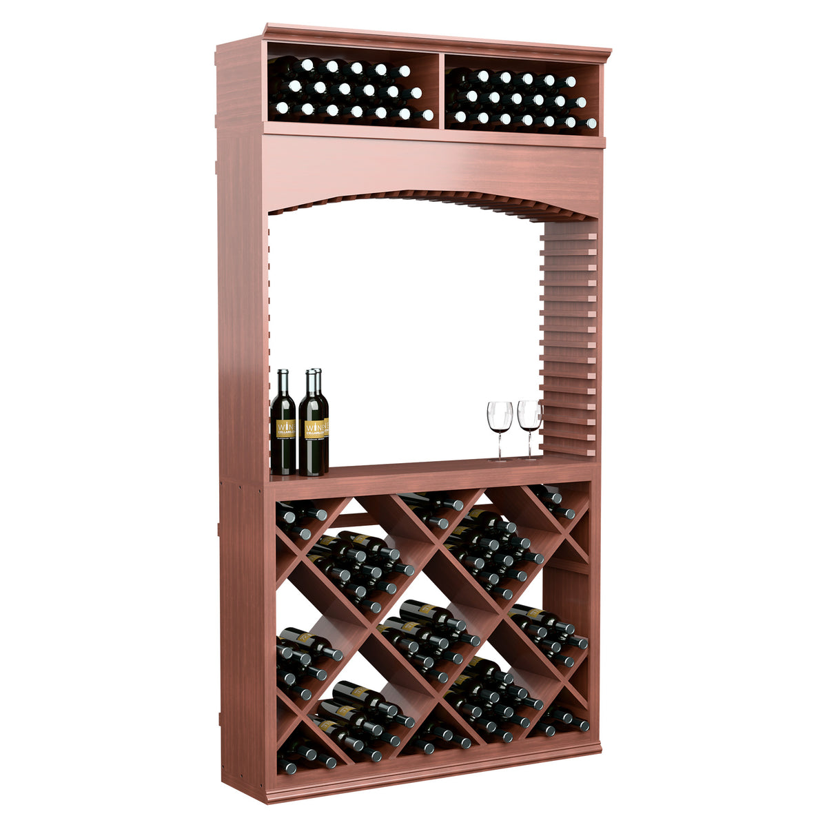 Brown wine tasting station with archway and lit top display, crisscross wine bottle rack