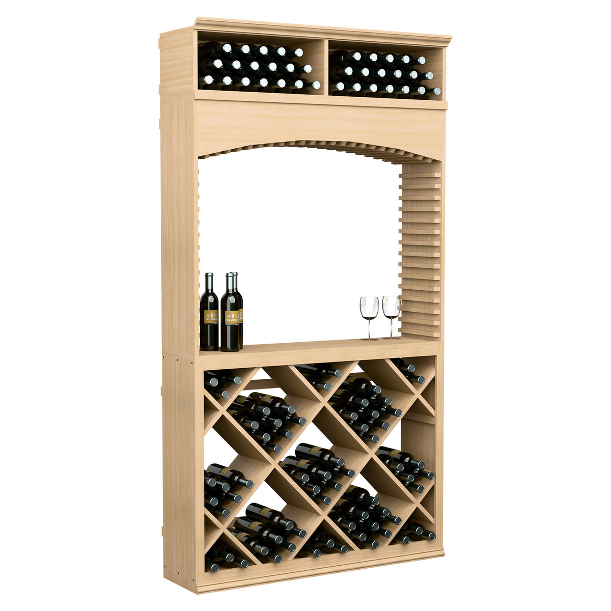 Light wood wine tasting station with archway, bottle and glass holder, lit top display
