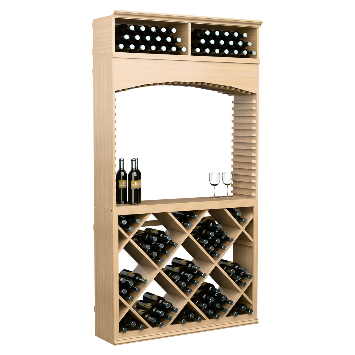 Light wood wine tasting station with archway and lit top display, crisscross wine bottle rack