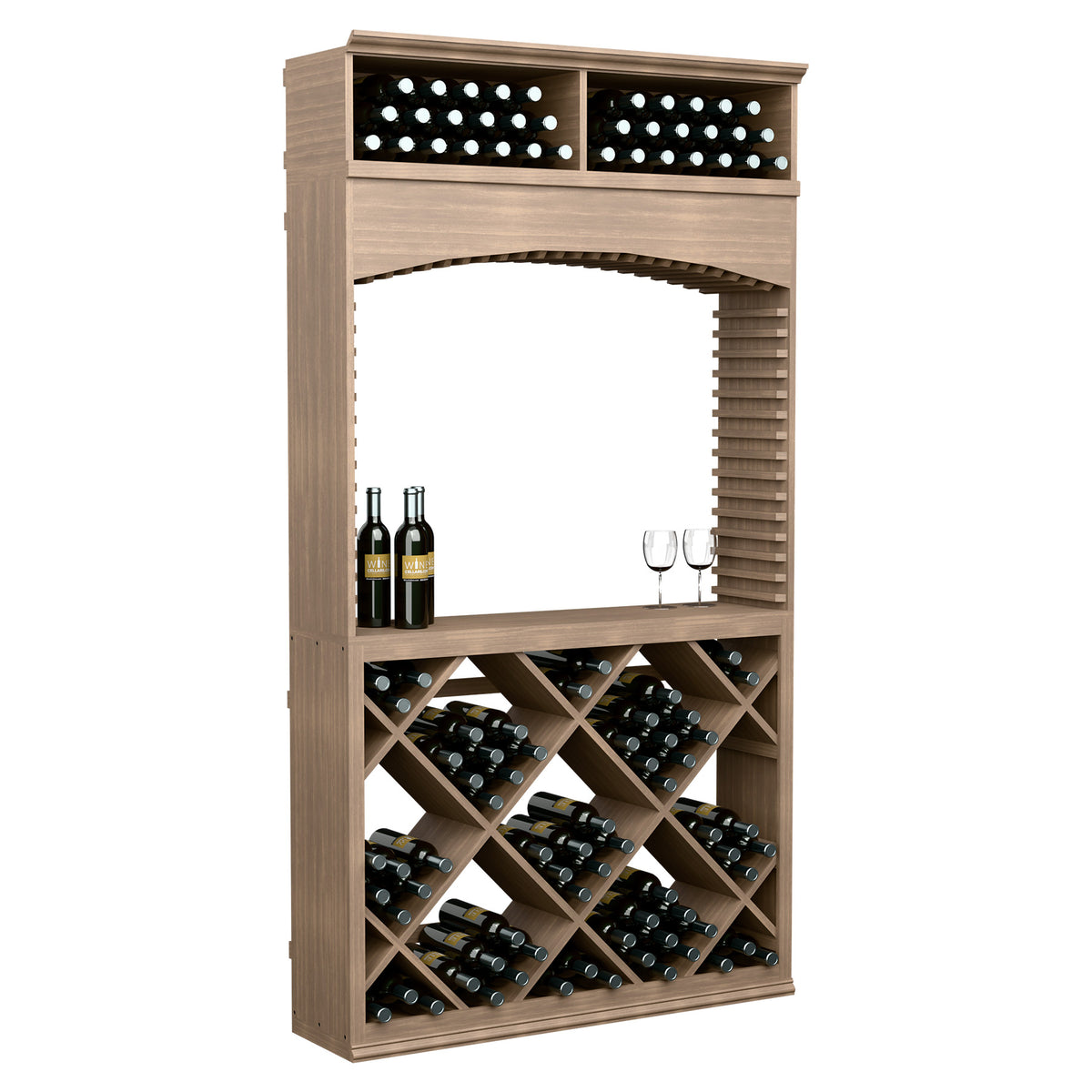 Medium brown wine tasting station with archway, bottle and glass holder, lit top display