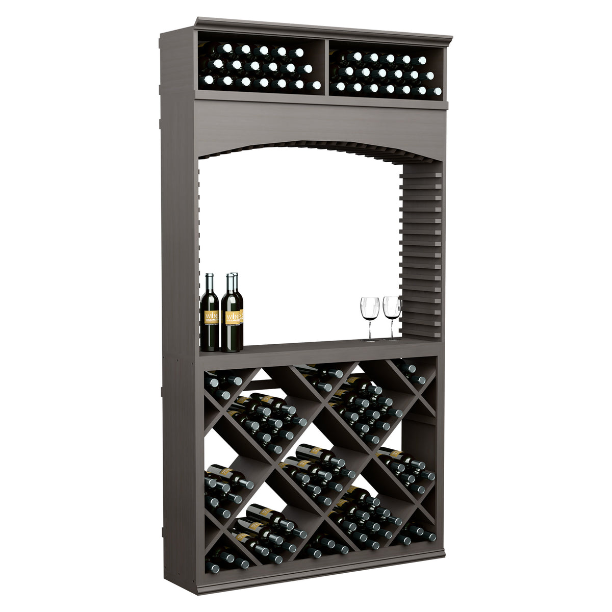 Dark grey wine tasting station with archway, bottle and glass holder, lit top display