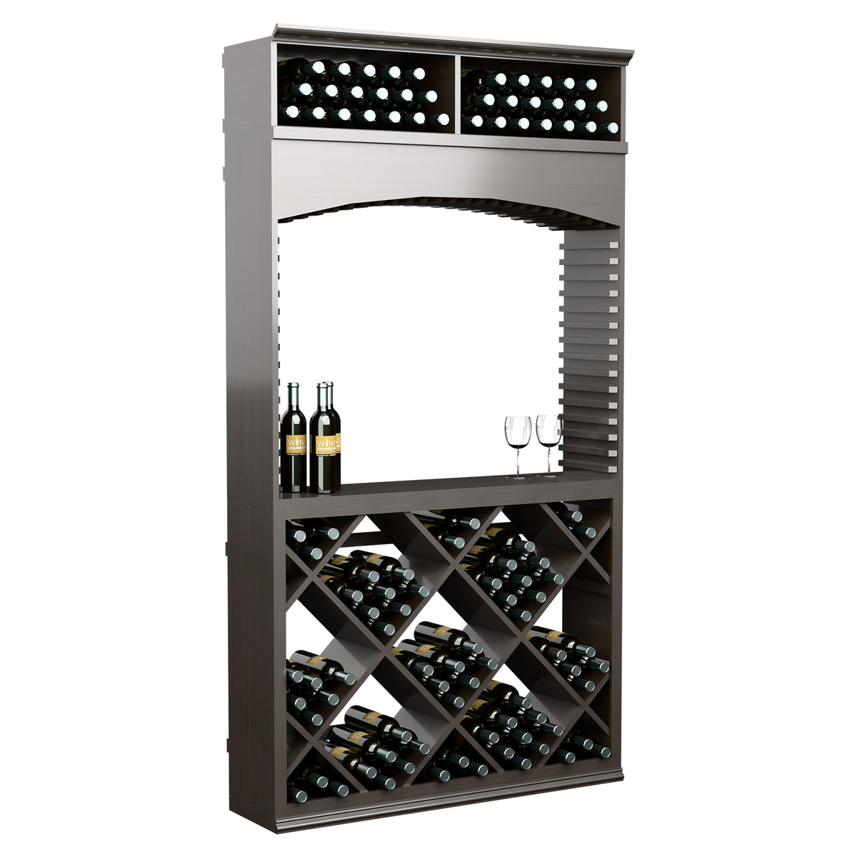 Dark grey wine tasting station with archway and lit top display, crisscross wine bottle rack
